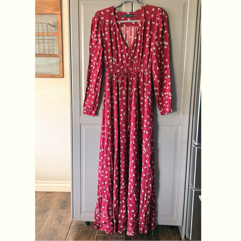 Christy Dawn Cottagecore Bergen Floral Drawstring Waist Maxi Dress,Burgundy, XS